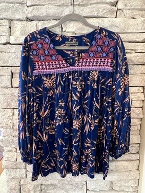 Anthropologie Navy Floral Tunic with Pink Embroidered Yoke